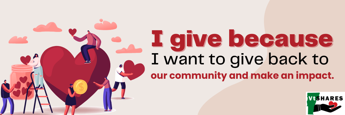 light pink background with carton depictions including a person holding a jar of hearts and a person on a ladder putting a heart into the jar. A large heart with someone sitting on it. A person holding a coin. Words to the right say “I give because I want to give back to our community and make an impact.”