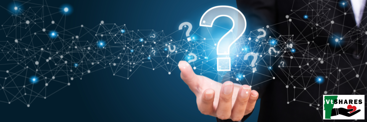 Dark blue background with a person dressed in a business suite with their hand out and palm open and above is a large transparent white question mark surrounded by smaller question marks floating in the air and lines and dots connecting across the graphic.
