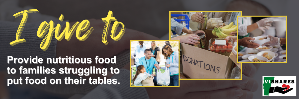 Dark shaded background of someone grasping someone else’s arm and hand with the words “I give to provide nutritious food to families struggling to put food on their tables. To the right there are three pictures, one with a woman holding a plastic bag open and a young girl facing her talking to a man with people in the background. The second picture is a box that says donation with bananas, tomatoes, cans, and other food inside with people placing more food inside. The last picture shows someone handing a bowl of food to someone else.